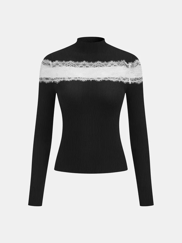 Mock Neck Ribbed Lace Panel Top sold by COMMENSE