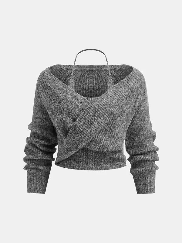 Wool-Blend Two-Piece Set Crossover Halter Knit Top made by COMMENSE