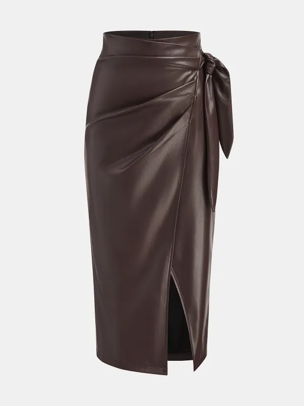 Tie-Wrap Faux Leather Skirt with Side Slit sold by COMMENSE