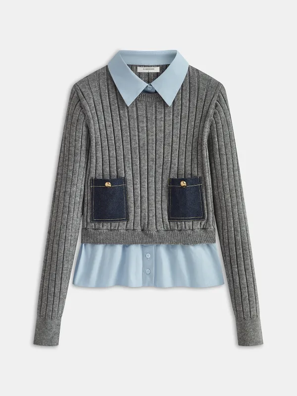 2 in 1 Denim Pocket Collared Rib-Knit Top sold by COMMENSE