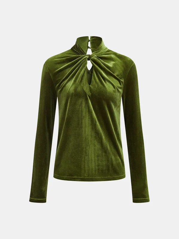 Mock-Neck Velvet Ruched Cutout Shirt sold by COMMENSE