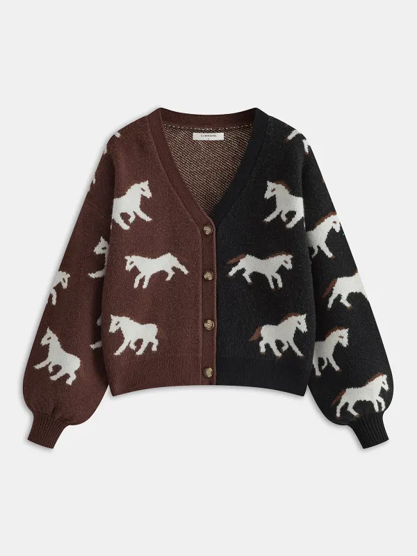 Color-Block Horse-Print Knit Cardigan sold by COMMENSE