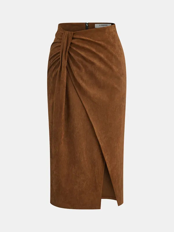 Twist-Front Slit Suede Skirt sold by COMMENSE
