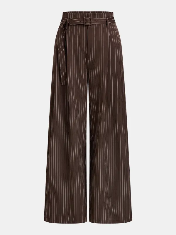 Belted Pinstripe Wide-Leg Pants sold by COMMENSE