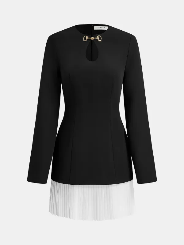 Metal-Buckle Cutout Contrast-Pleat Dress sold by COMMENSE