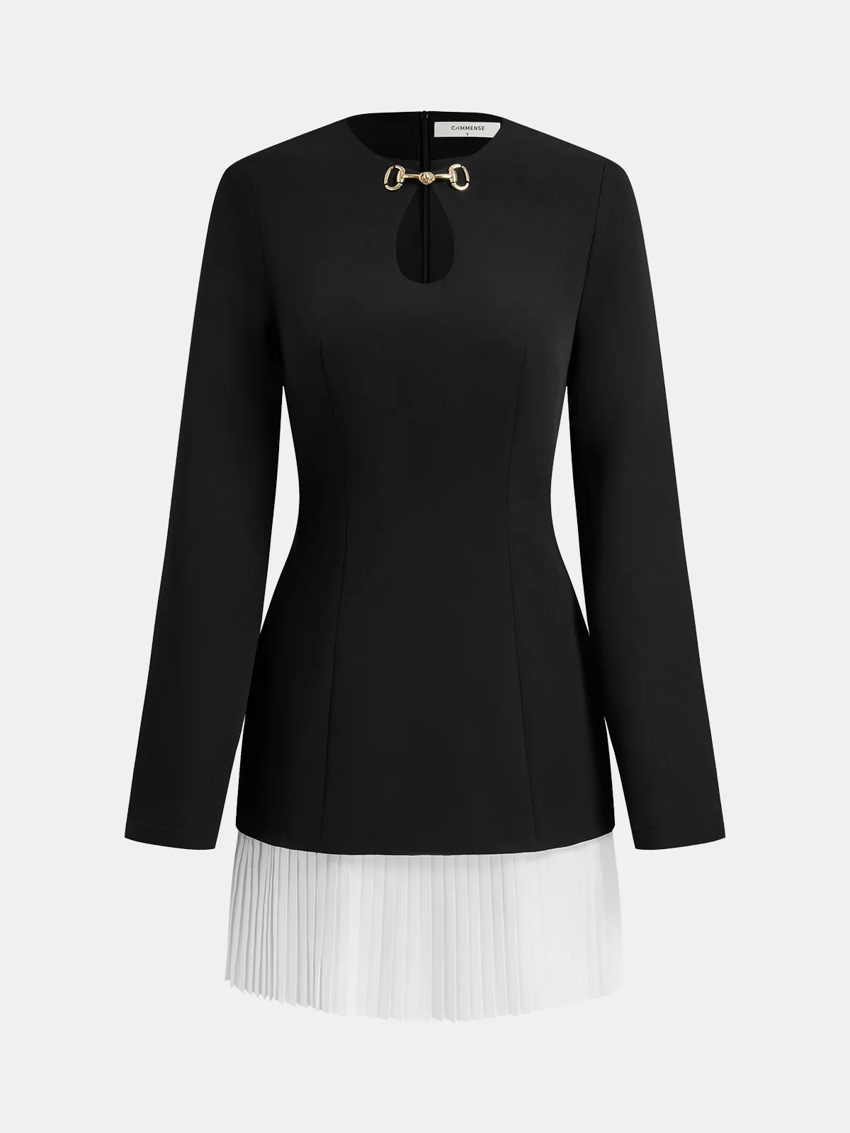 Metal-Buckle Cutout Contrast-Pleat Dress sold by COMMENSE