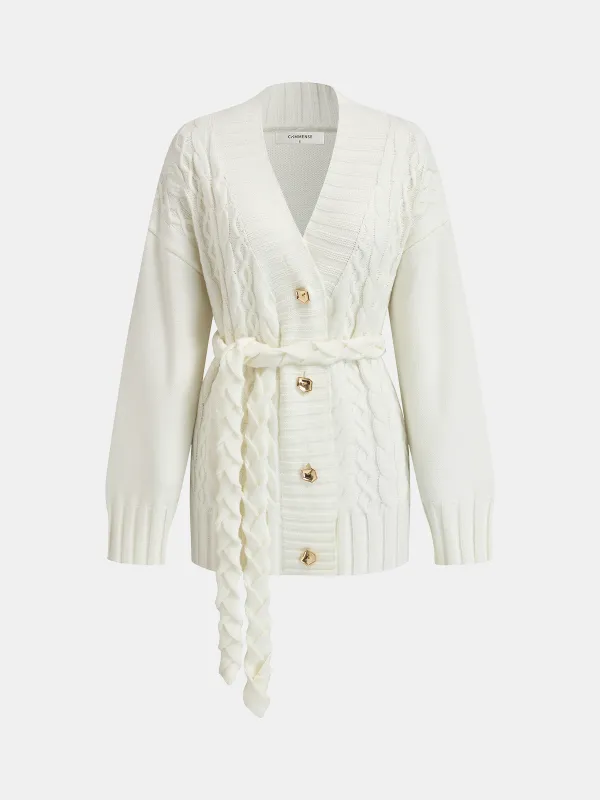 Belted Cable-Knit Cardigan with Metal Button Detail sold by COMMENSE