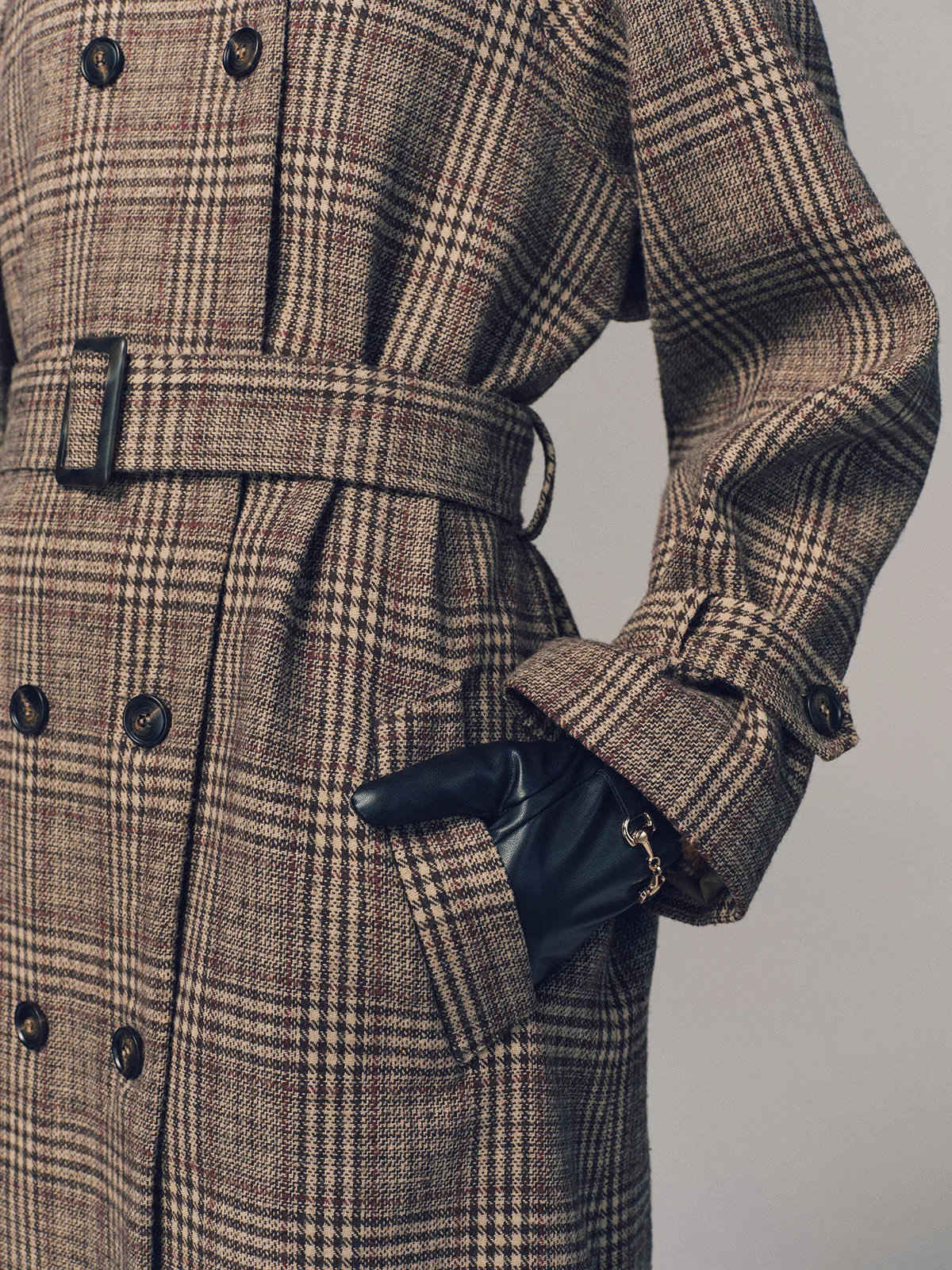 Belted Plaid Double-Breasted Long Trench Coat sold by COMMENSE product image thumbnail 3