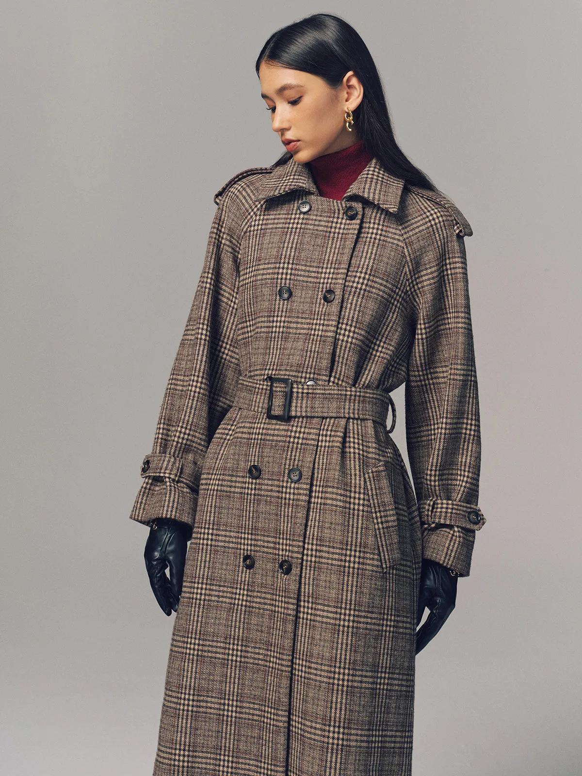 Belted Plaid Double-Breasted Long Trench Coat sold by COMMENSE product image thumbnail 4