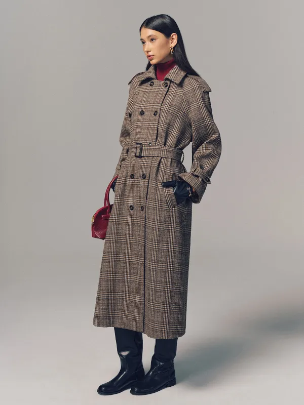 Belted Plaid Double-Breasted Long Trench Coat sold by COMMENSE