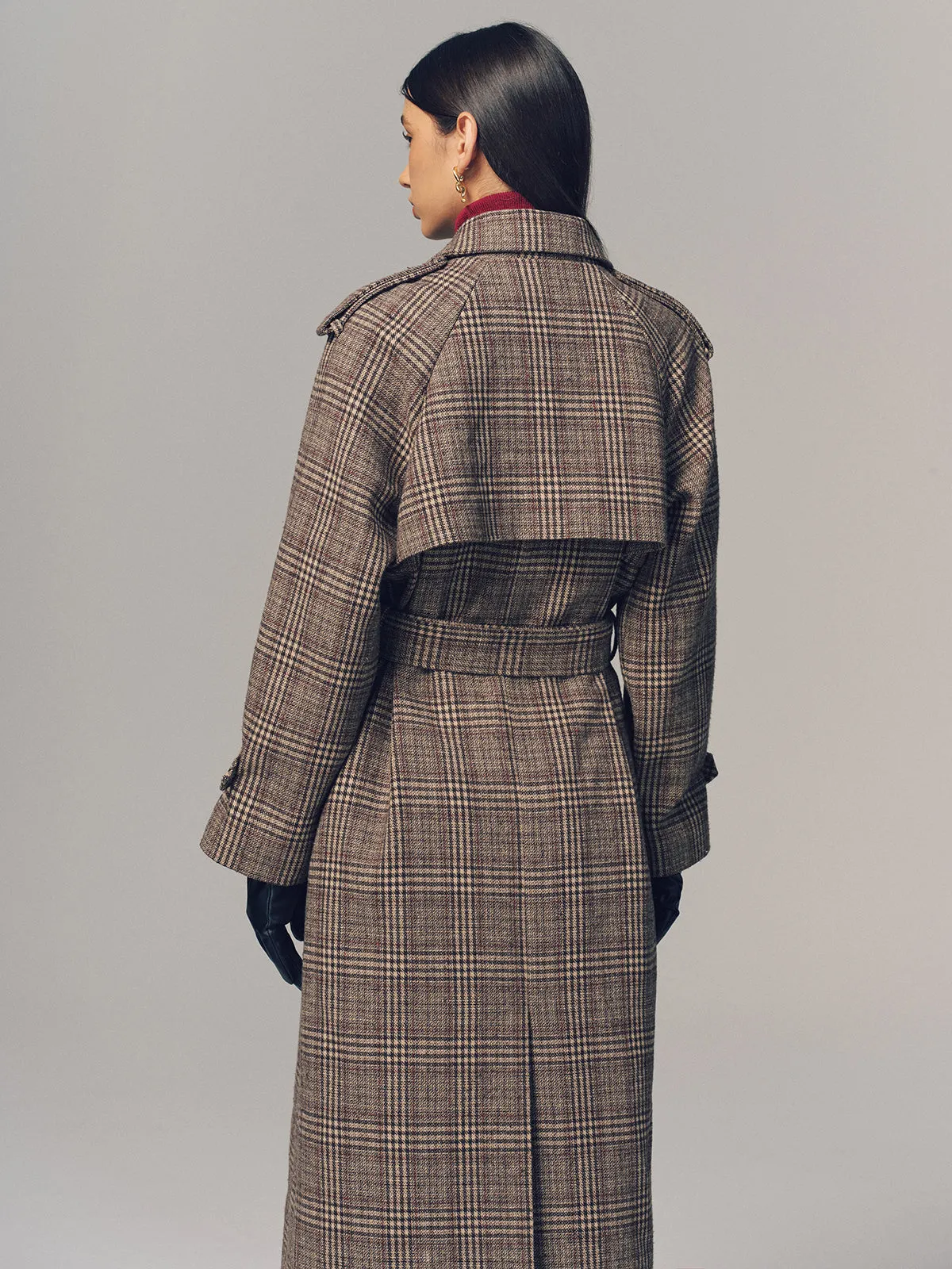 Belted Plaid Double-Breasted Long Trench Coat sold by COMMENSE product image thumbnail 5