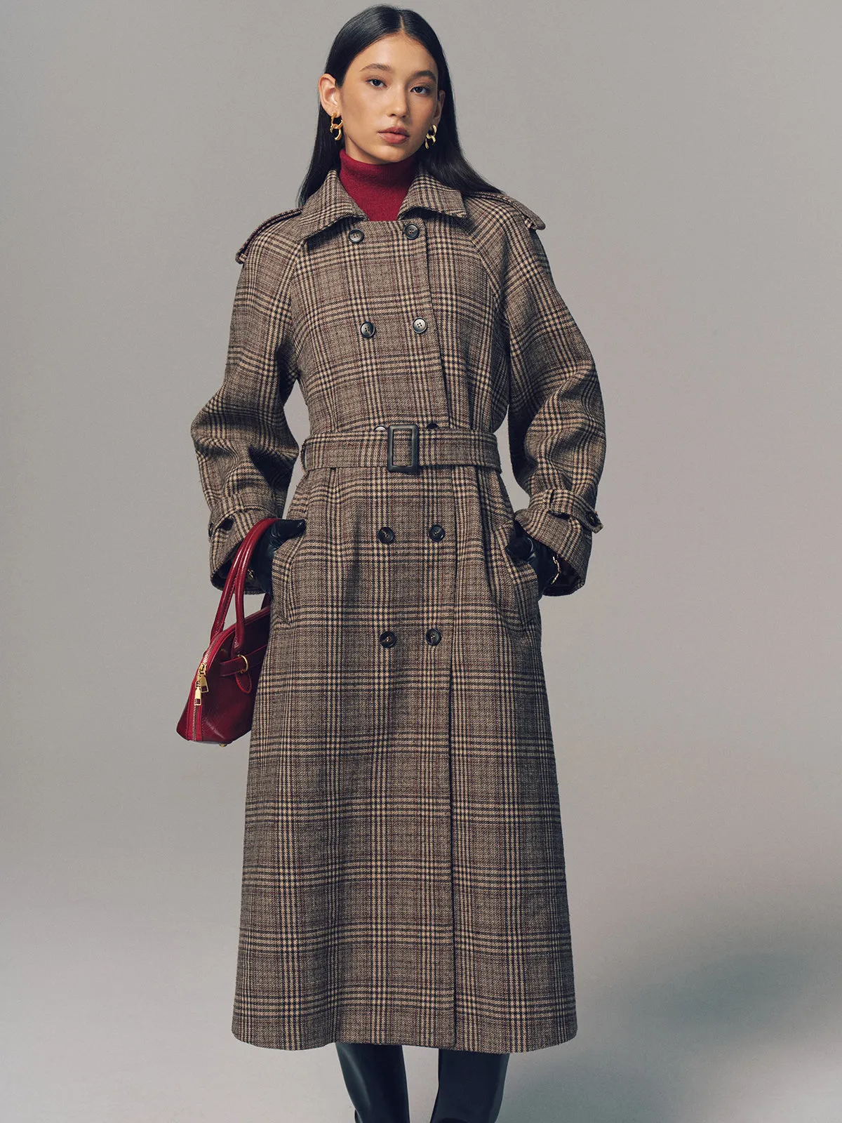 Belted Plaid Double-Breasted Long Trench Coat sold by COMMENSE product image thumbnail 2