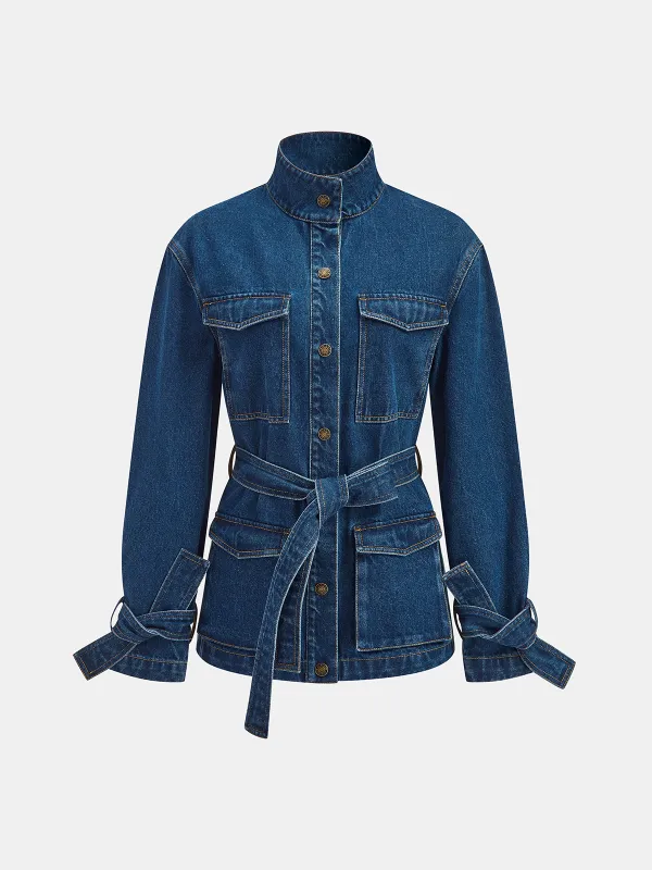 Belted Denim Jacket with Tie-Cuff Detail sold by COMMENSE