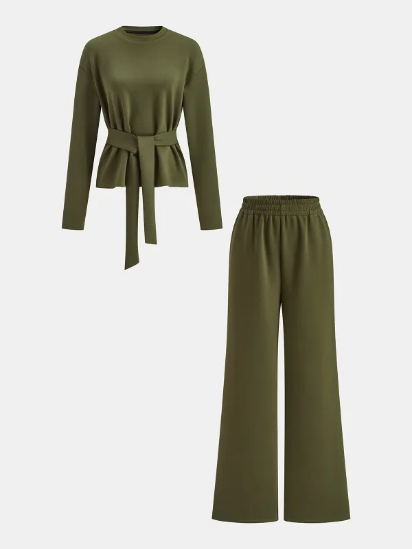 Belted Peplum Top & Wide-Leg Pants Set made by COMMENSE