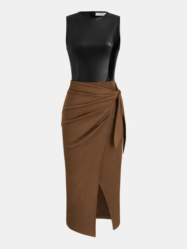 Faux Leather-Panel Tie-Waist Slit Dress sold by COMMENSE