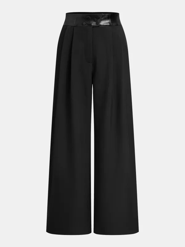 Faux Leather-Trim Wide-Leg Pants sold by COMMENSE