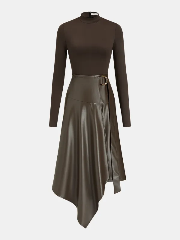 Faux Leather Paneled Knit Asymmetrical Dress sold by COMMENSE