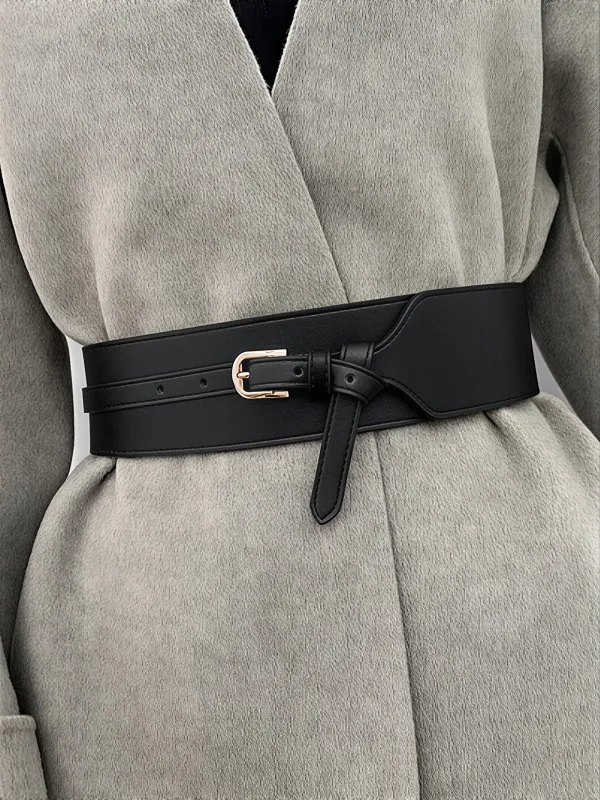 Wide PU Leather Belt with Gold-Tone Buckle sold by COMMENSE