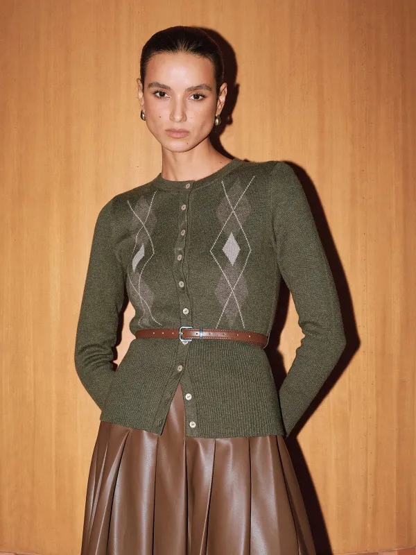 Argyle Wool-Blend Knit Cardigan sold by COMMENSE