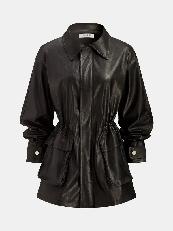 Waist-Cinched Faux Leather Overshirt Coat sold by COMMENSE