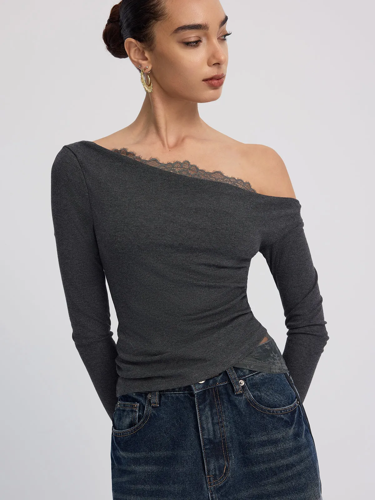 Off-Shoulder Lace-Trim Long-Sleeve Top sold by COMMENSE product image thumbnail 3