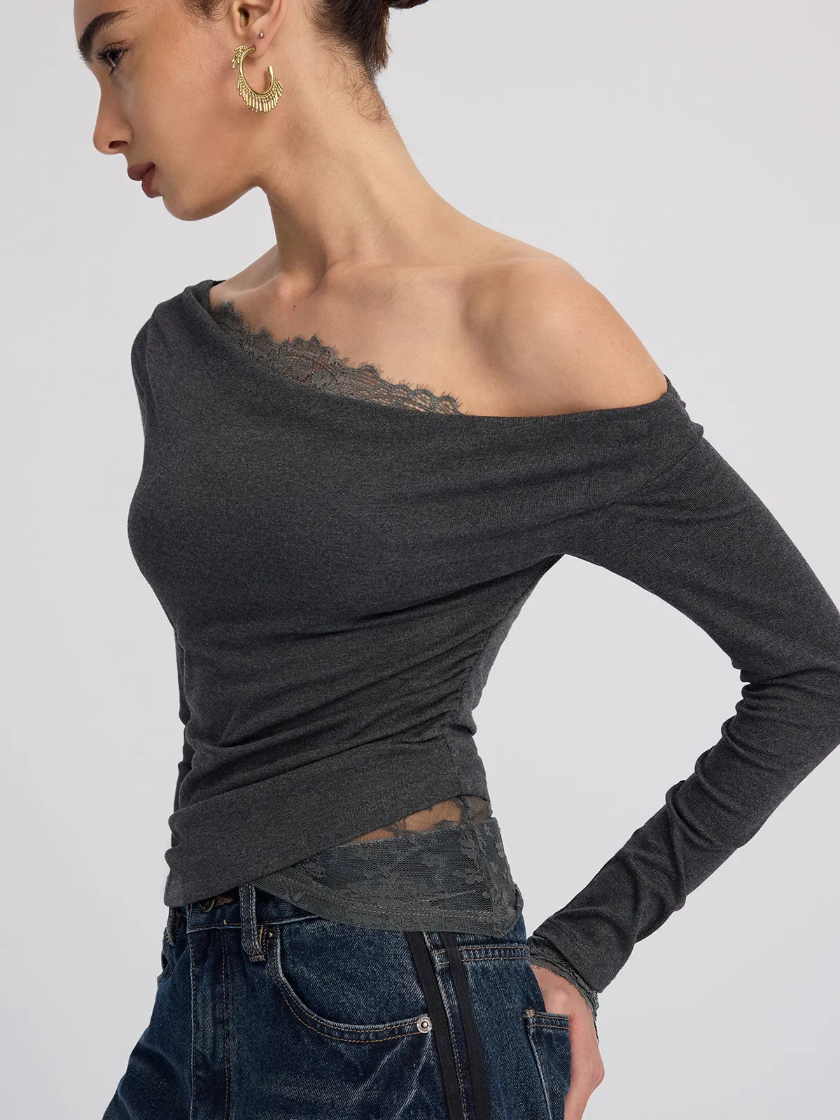 Off-Shoulder Lace-Trim Long-Sleeve Top sold by COMMENSE product image thumbnail 4