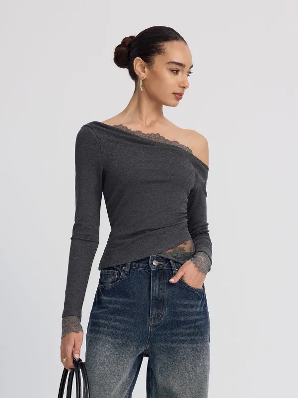Off-Shoulder Lace-Trim Long-Sleeve Top sold by COMMENSE