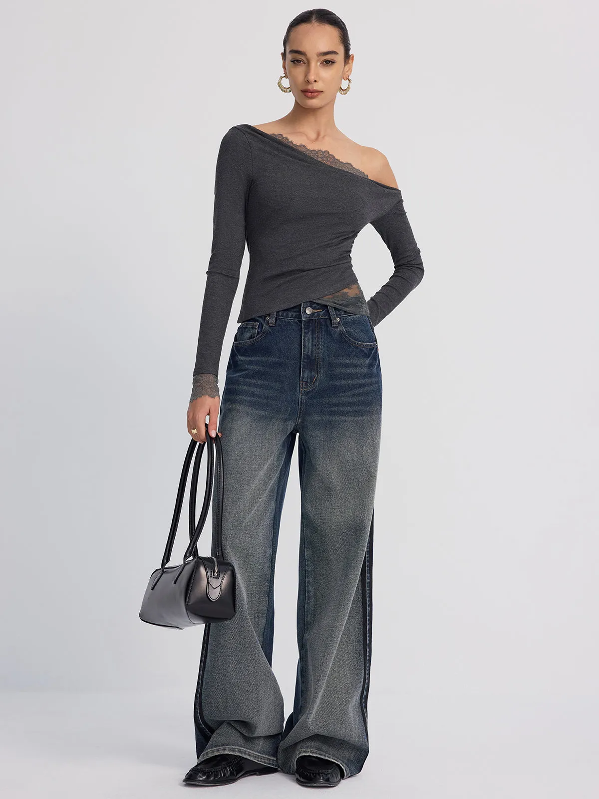 Off-Shoulder Lace-Trim Long-Sleeve Top sold by COMMENSE product image thumbnail 5