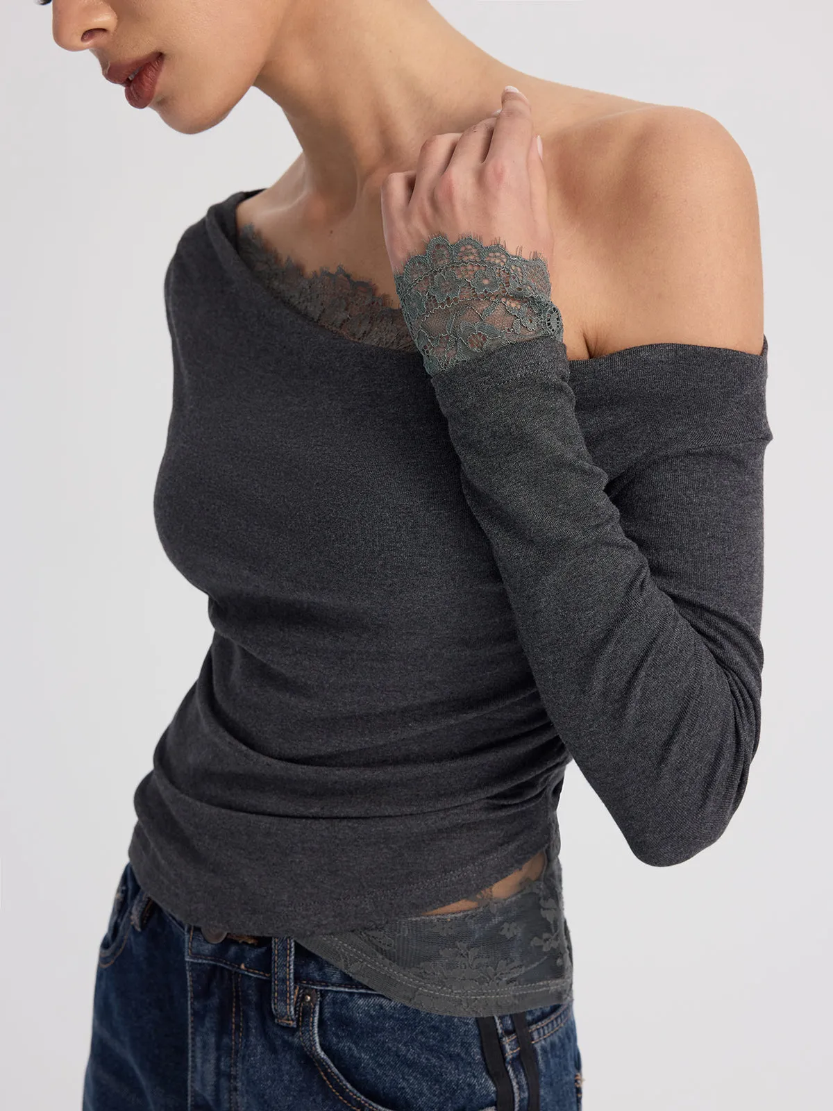 Off-Shoulder Lace-Trim Long-Sleeve Top sold by COMMENSE product image thumbnail 2