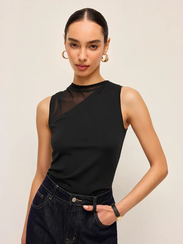 Mesh-Panel Asymmetrical Sleeveless Top sold by COMMENSE