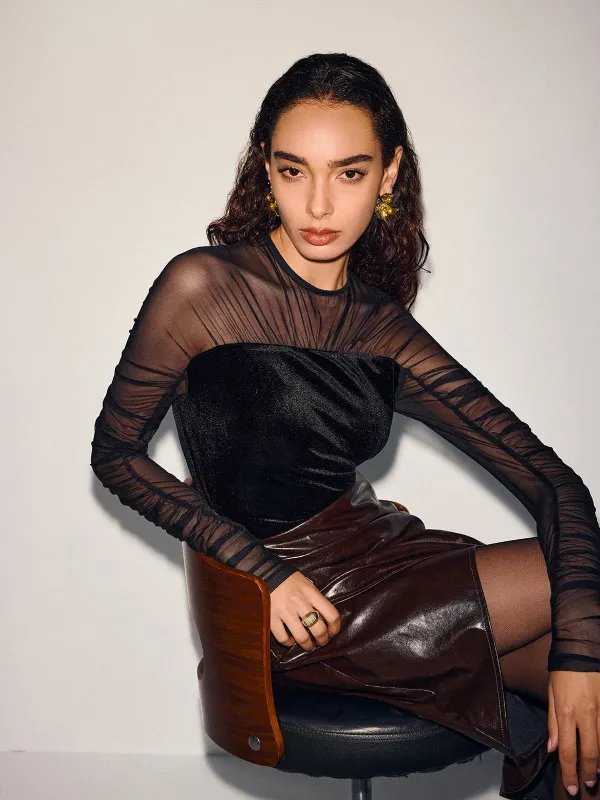 Velvet-Mesh Panel Long-Sleeve Top sold by COMMENSE