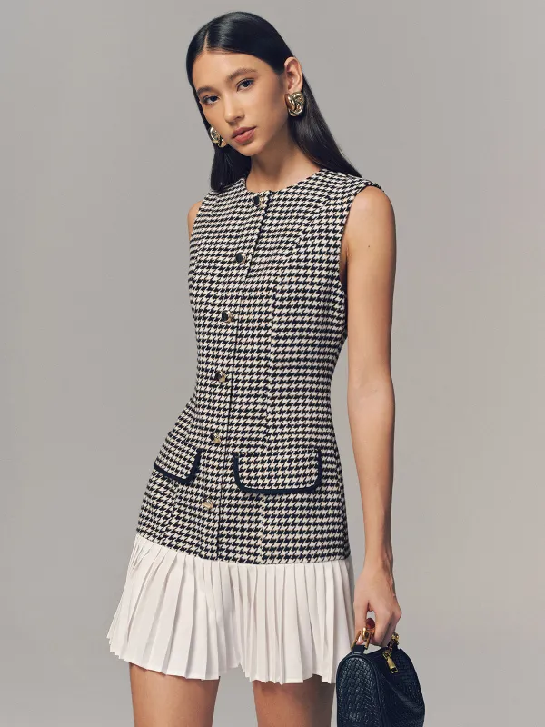 Houndstooth Sleeveless Pleated Hem Mini Dress sold by COMMENSE