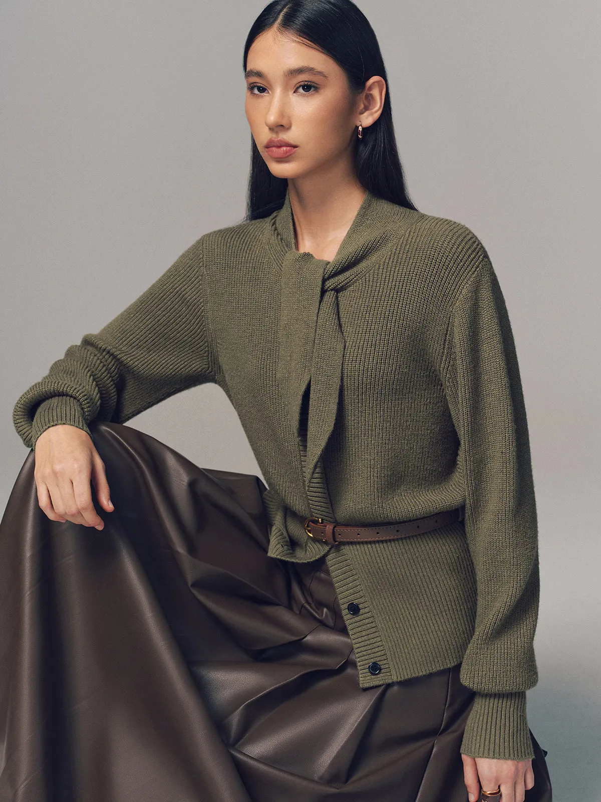 Tie Neck Belted Knit Cardigan sold by COMMENSE product image thumbnail 5