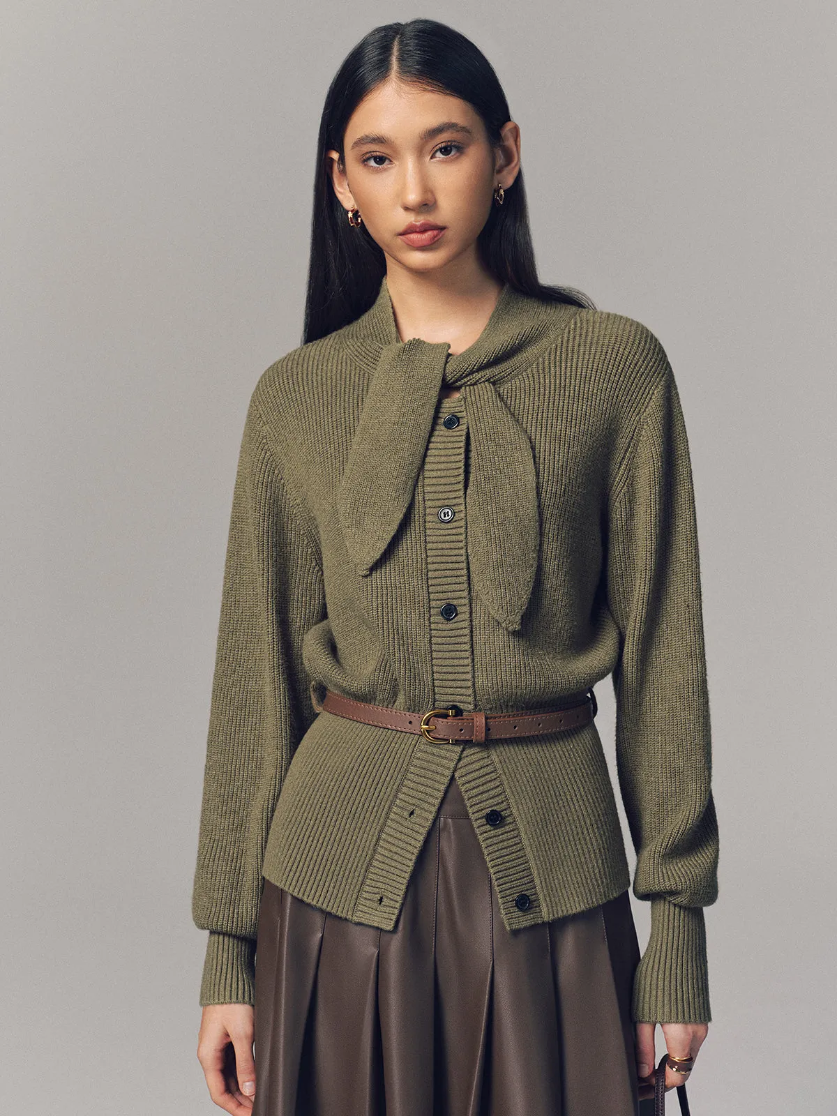 Tie Neck Belted Knit Cardigan sold by COMMENSE product image thumbnail 2