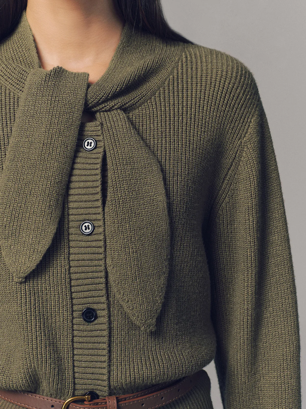 Tie Neck Belted Knit Cardigan sold by COMMENSE product image thumbnail 3