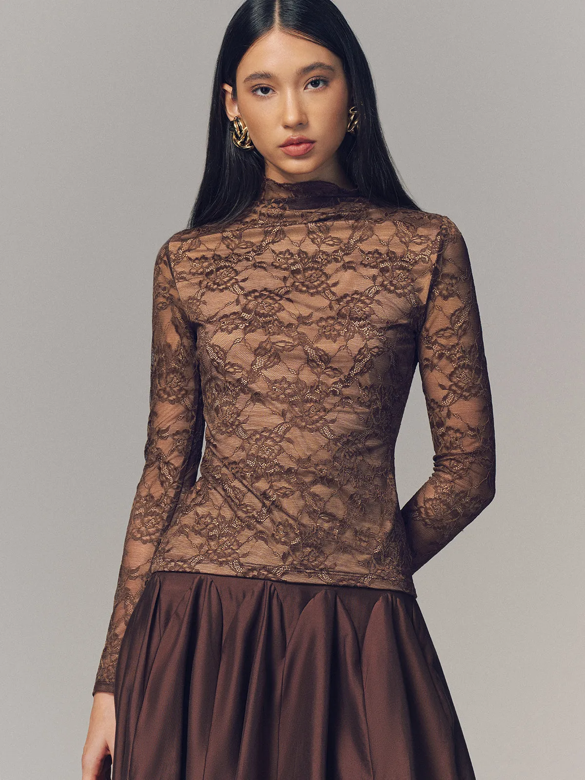 Lace Mock Neck Long-Sleeve Top sold by COMMENSE product image thumbnail 2
