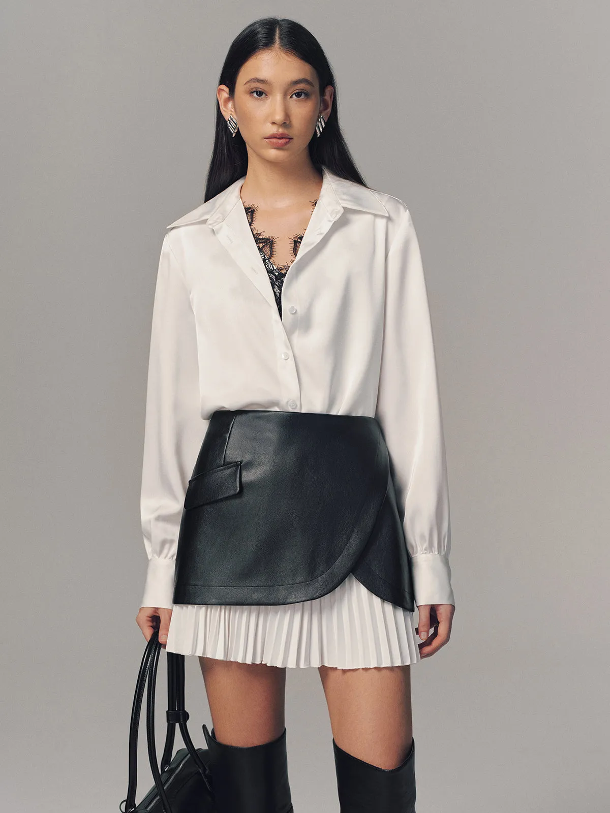 Pleated Panel Faux Leather Mini Skirt sold by COMMENSE product image thumbnail 3