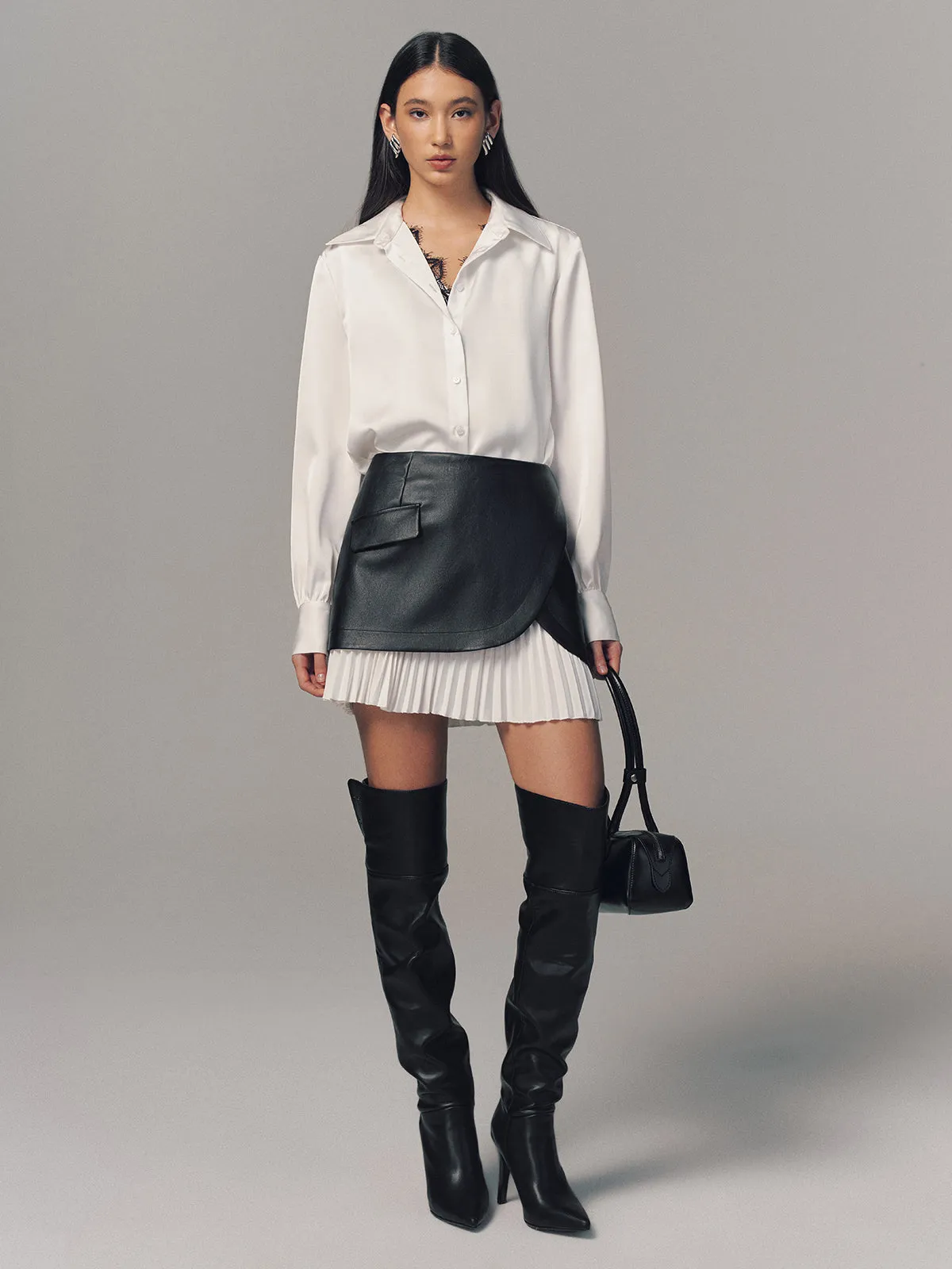 Pleated Panel Faux Leather Mini Skirt sold by COMMENSE product image thumbnail 2