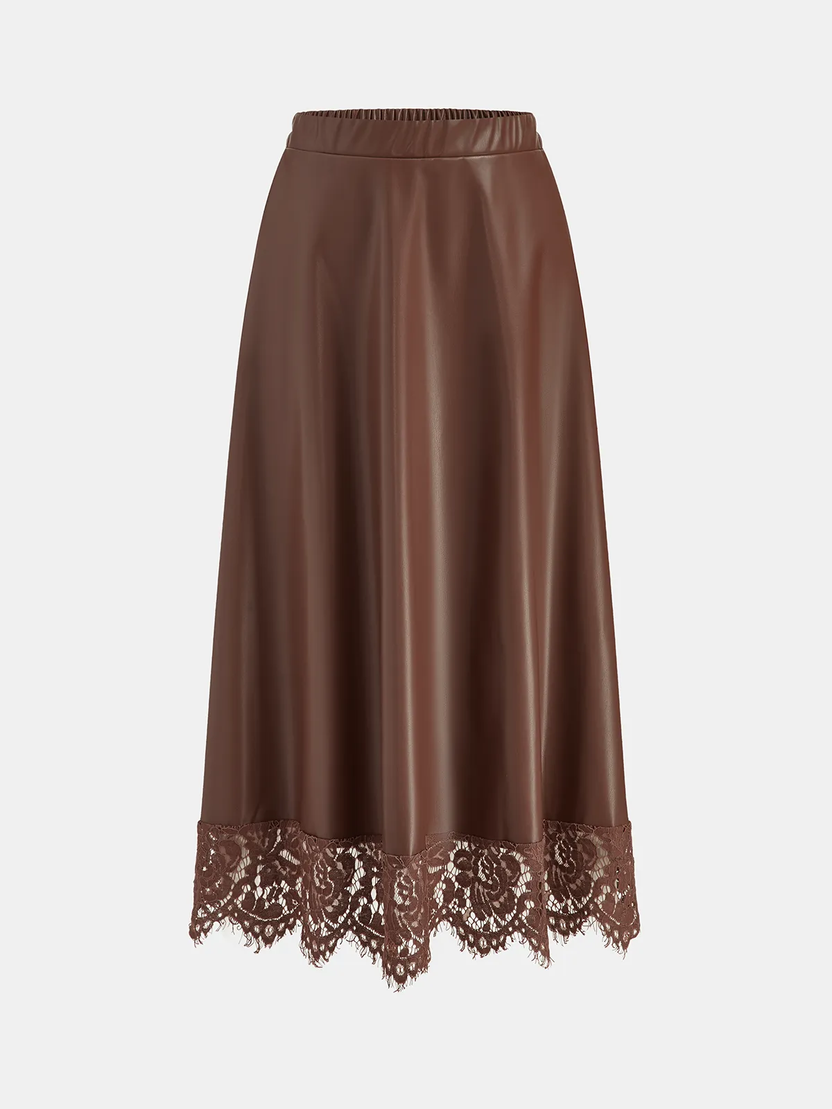 A-Line Lace Trim Faux Leather Midi Skirt sold by COMMENSE