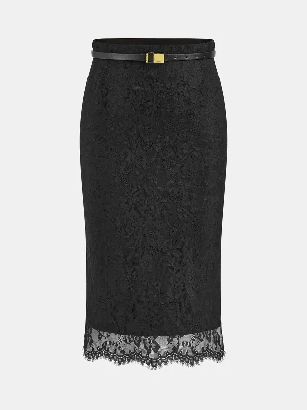 Lace Textured Belted Straight Midi Skirt sold by COMMENSE