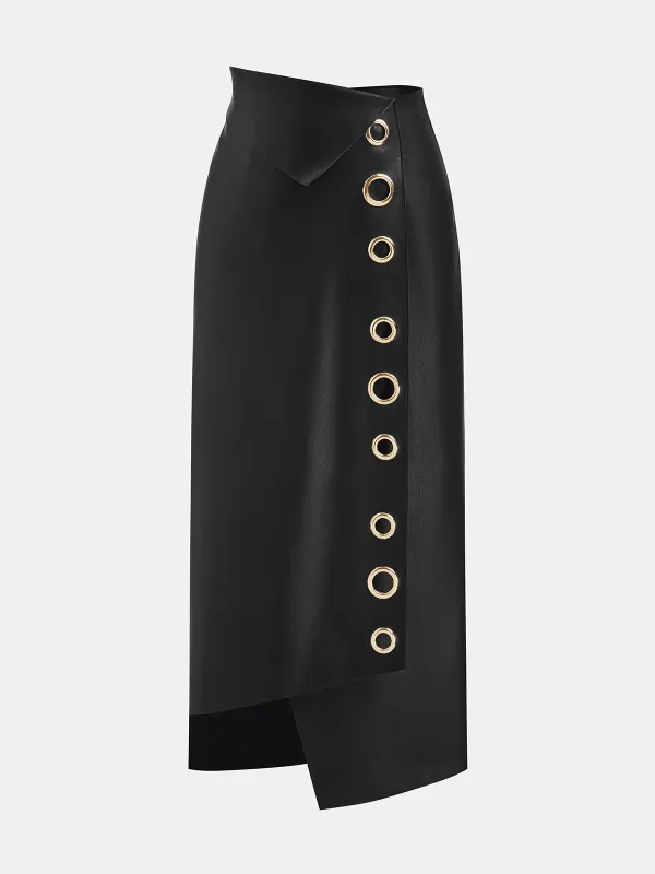 Faux Leather Ring Accent Asymmetric Skirt sold by COMMENSE