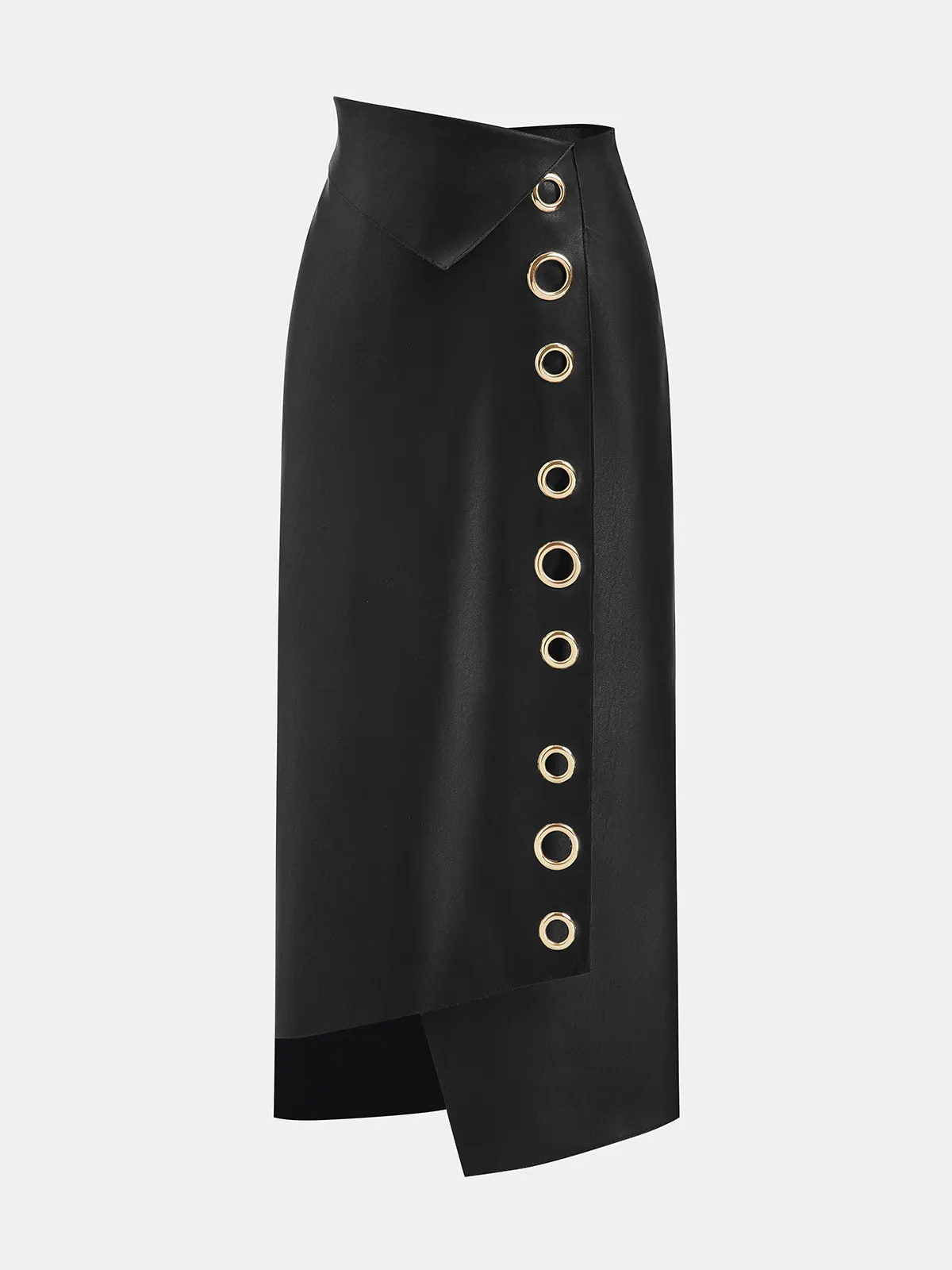 Faux Leather Ring Accent Asymmetric Skirt sold by COMMENSE