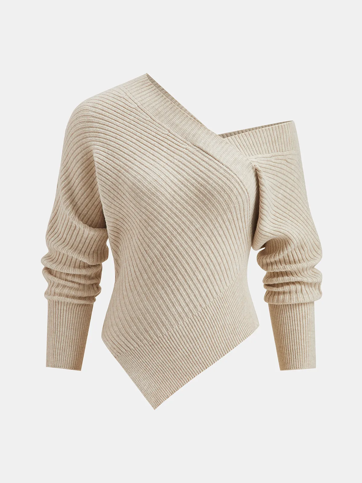 Asymmetric Neck Ribbed Knit Sweater sold by COMMENSE