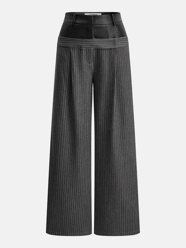 Faux-Leather Panel Striped Wide-Leg Pants sold by COMMENSE