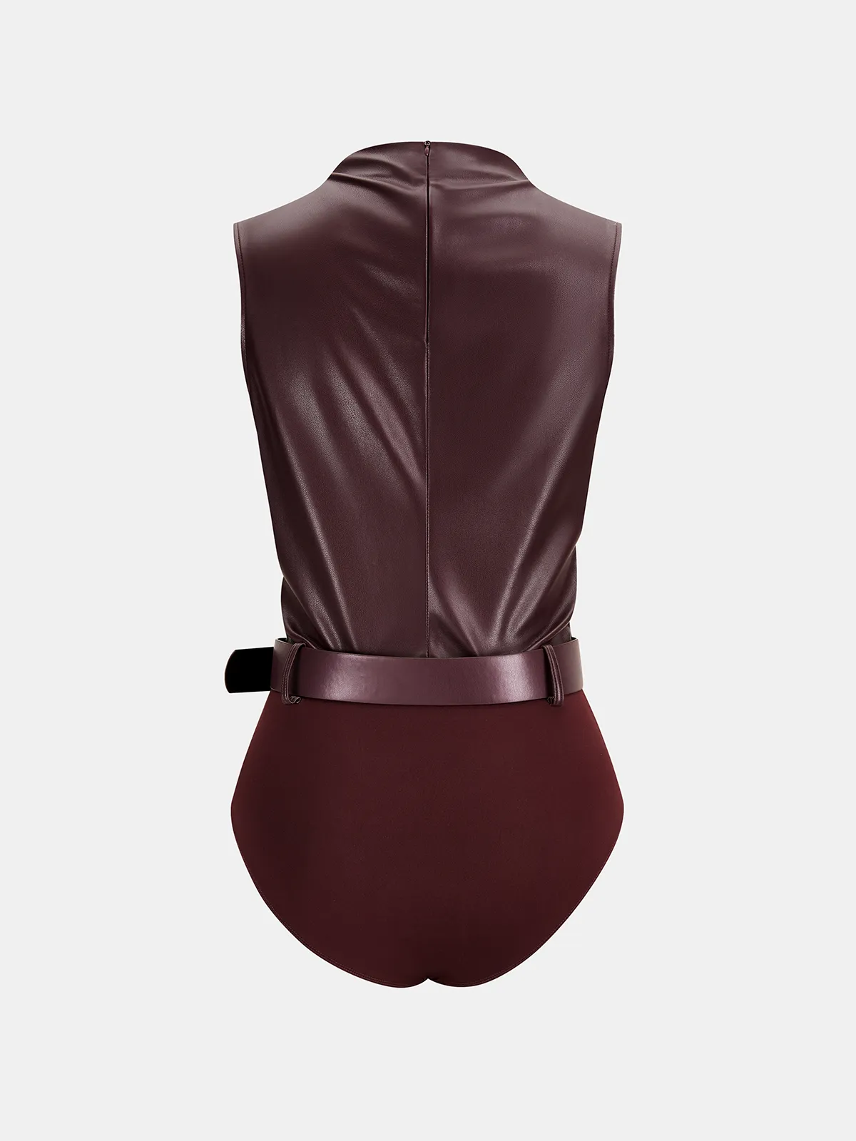 Belted Ruched Sleeveless Faux Leather Bodysuit sold by COMMENSE product image thumbnail 2