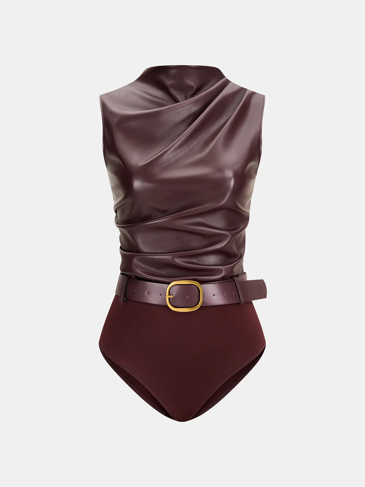 Belted Ruched Sleeveless Faux Leather Bodysuit sold by COMMENSE