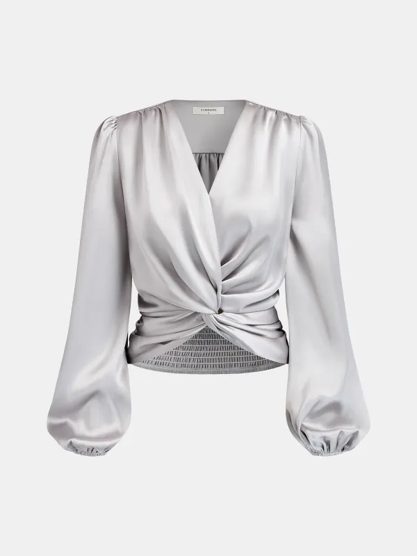 Twist-Front V-Neck Satin Blouse sold by COMMENSE