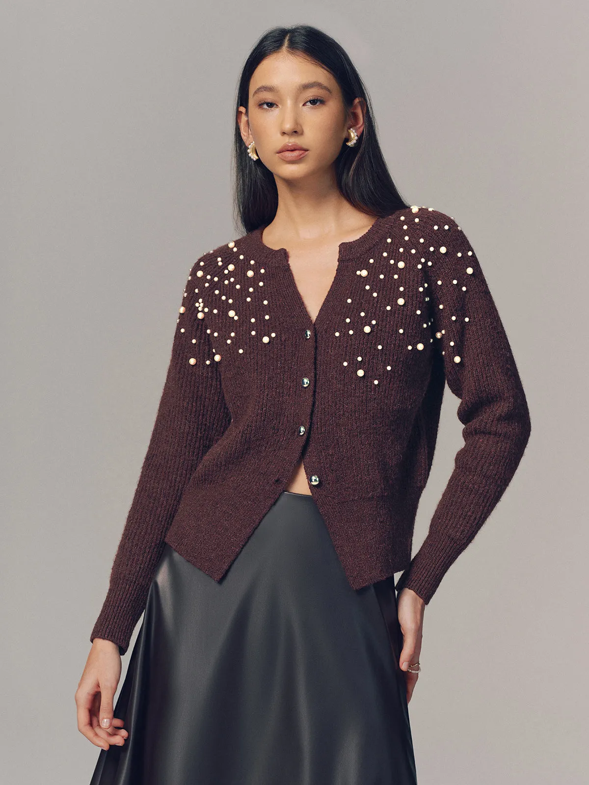 Pearl Embellished Wool Blend Cardigan sold by COMMENSE product image thumbnail 5