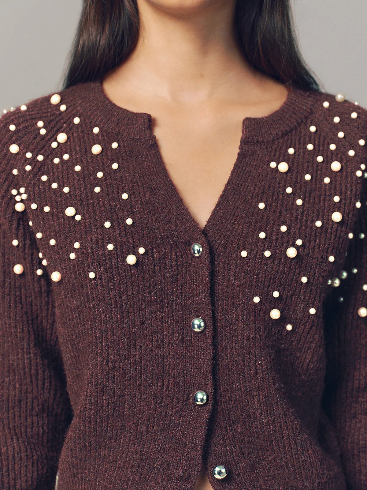 Pearl Embellished Wool Blend Cardigan sold by COMMENSE product image thumbnail 2