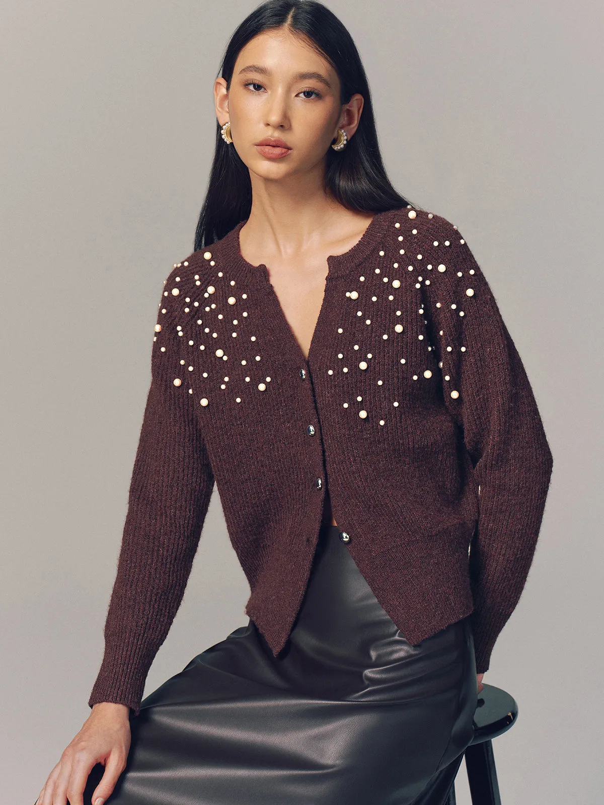 Pearl Embellished Wool Blend Cardigan sold by COMMENSE product image thumbnail 3